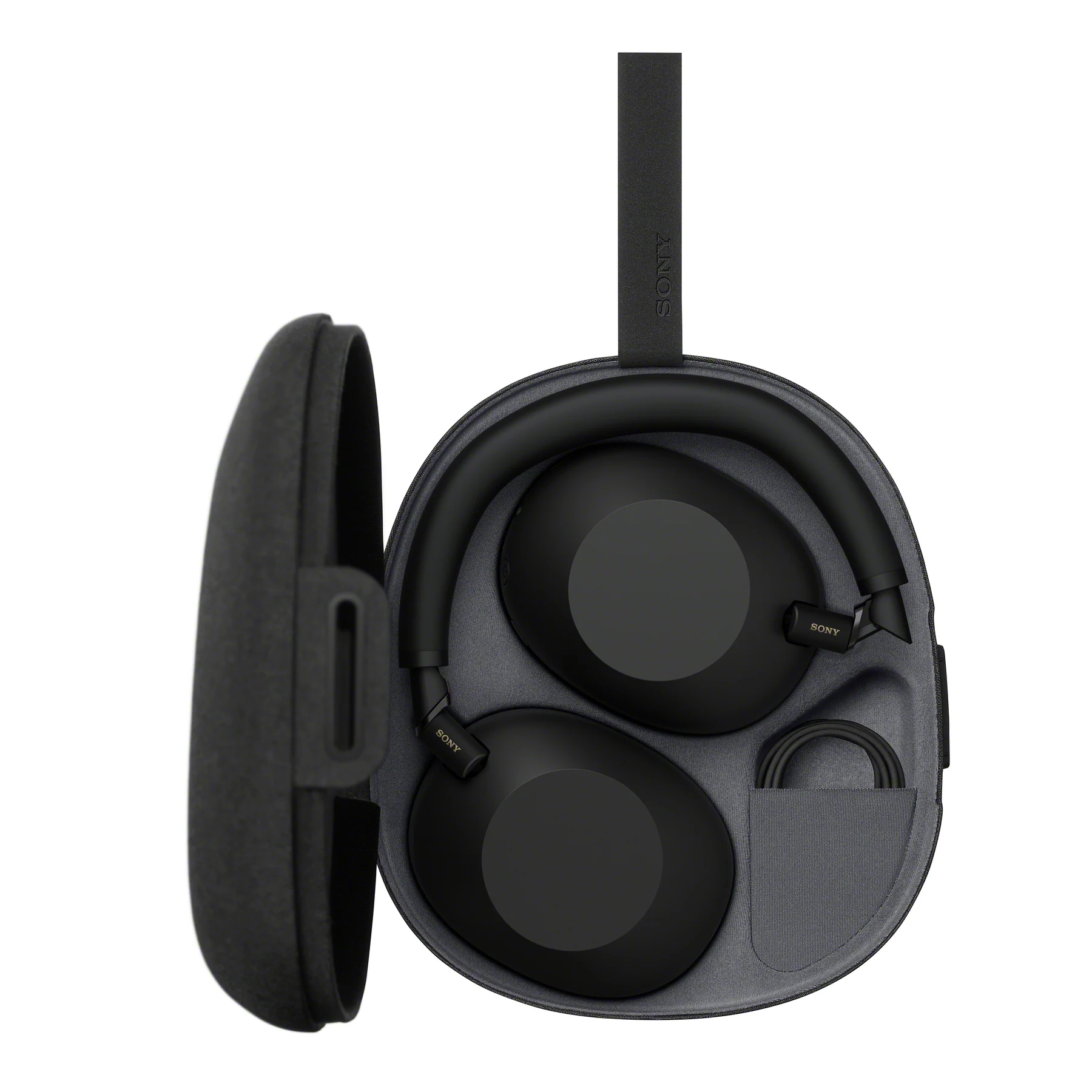 Black WH-1000XM6 headphones folded inside their carrying case